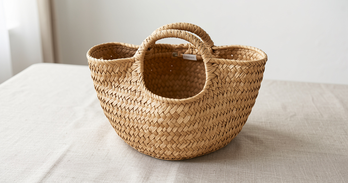 Open raffia tote bag with natural weave texture on linen surface