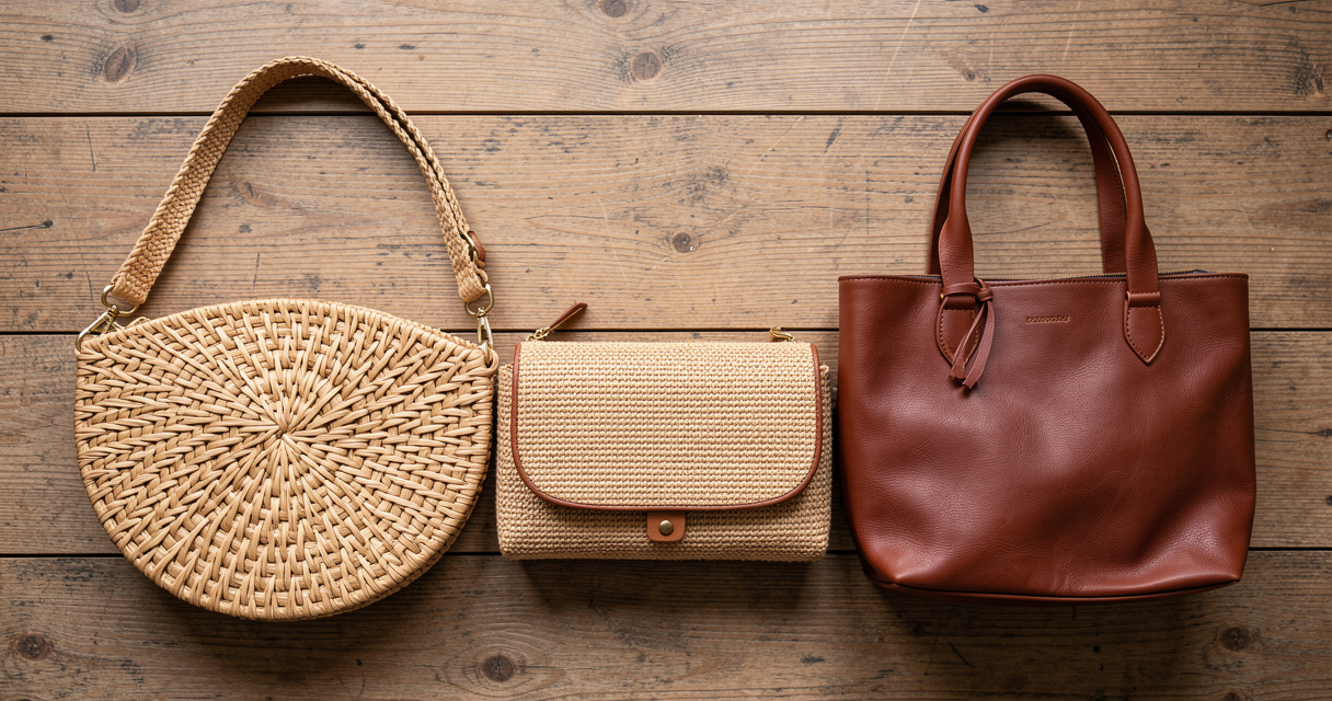 Three woven purses in straw jute and vegan leather arranged on wood