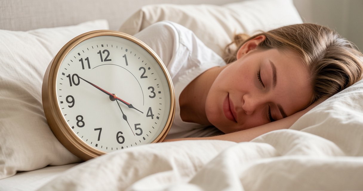 Sleep efficiency concept illustrated with a clock showing 4 hours and resting person