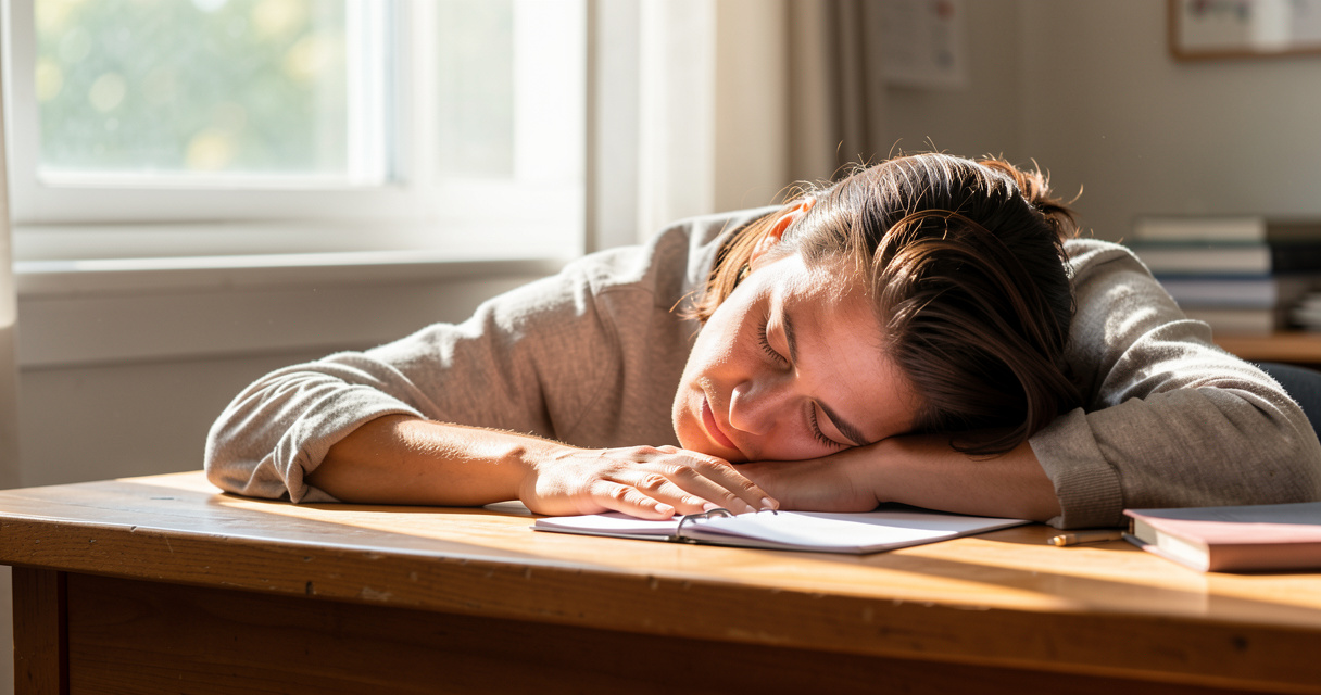 Person napping briefly at work desk to boost energy and improve sleep efficiency