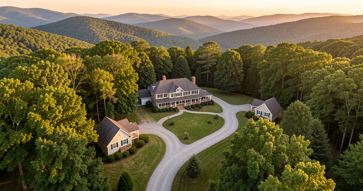 Aerial view of a family compound for sale in the Blue Ridge Mountains with multiple homes and forest