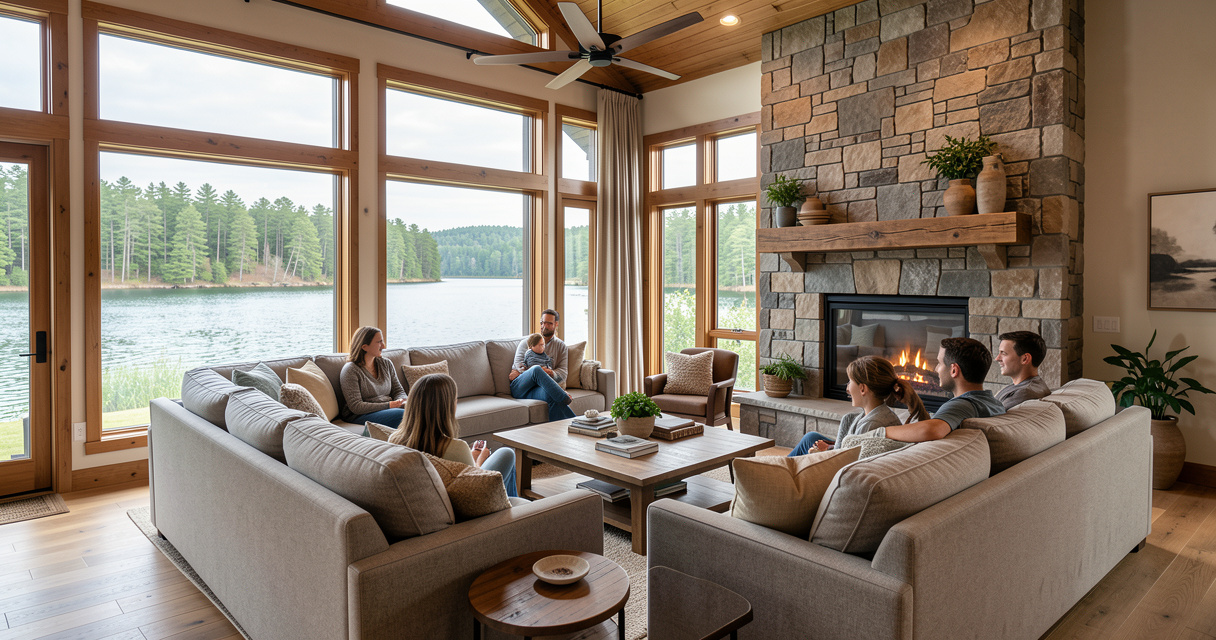 Modern rustic living room in a family compound estate with lake view and stone fireplace