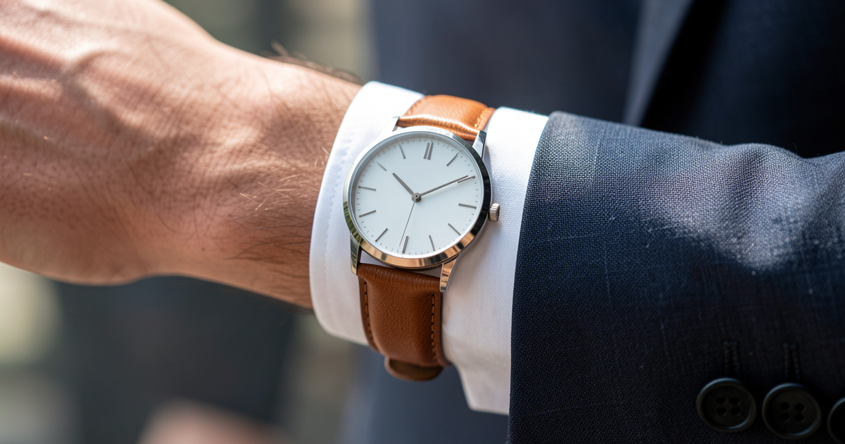 Slim leather strap dress watch on a suit sleeve showing elegance and formal style keyword dress watch