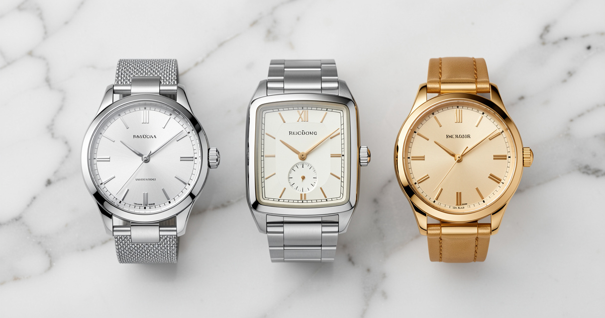 Collection of iconic round tank and gold dress watches arranged on marble surface for comparison