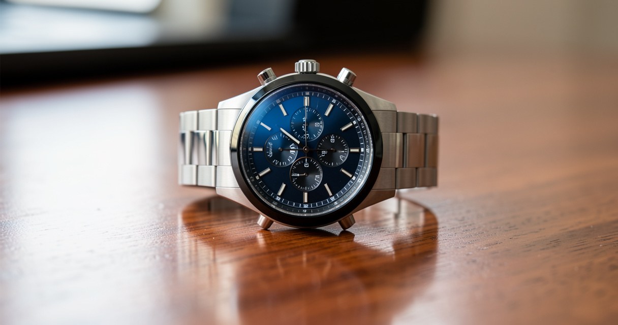 Luxury automatic watch on desk with metal bracelet under natural light