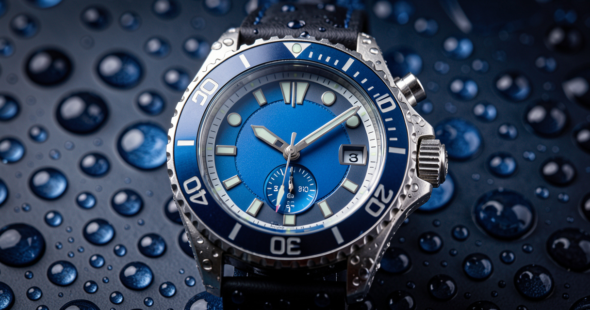 Macro shot of dive watch with blue dial and ceramic bezel near water droplets