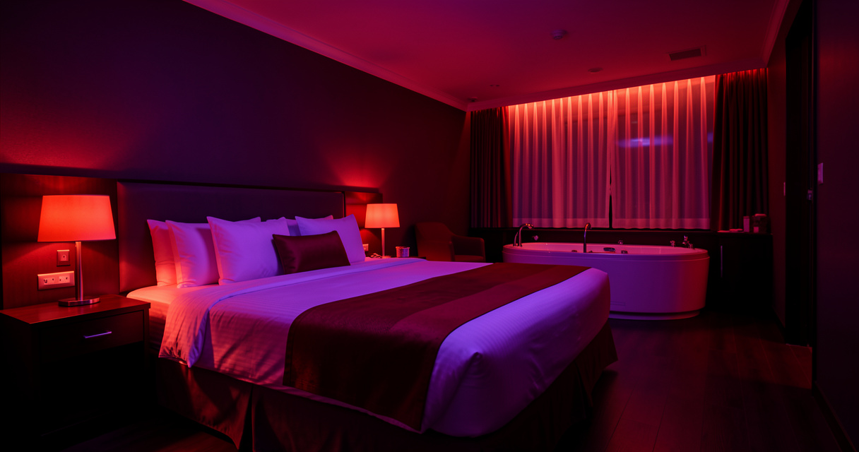 Love hotel room with mood lighting and jacuzzi for couples