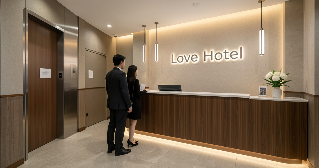 Couple checking in at a discreet love hotel lobby
