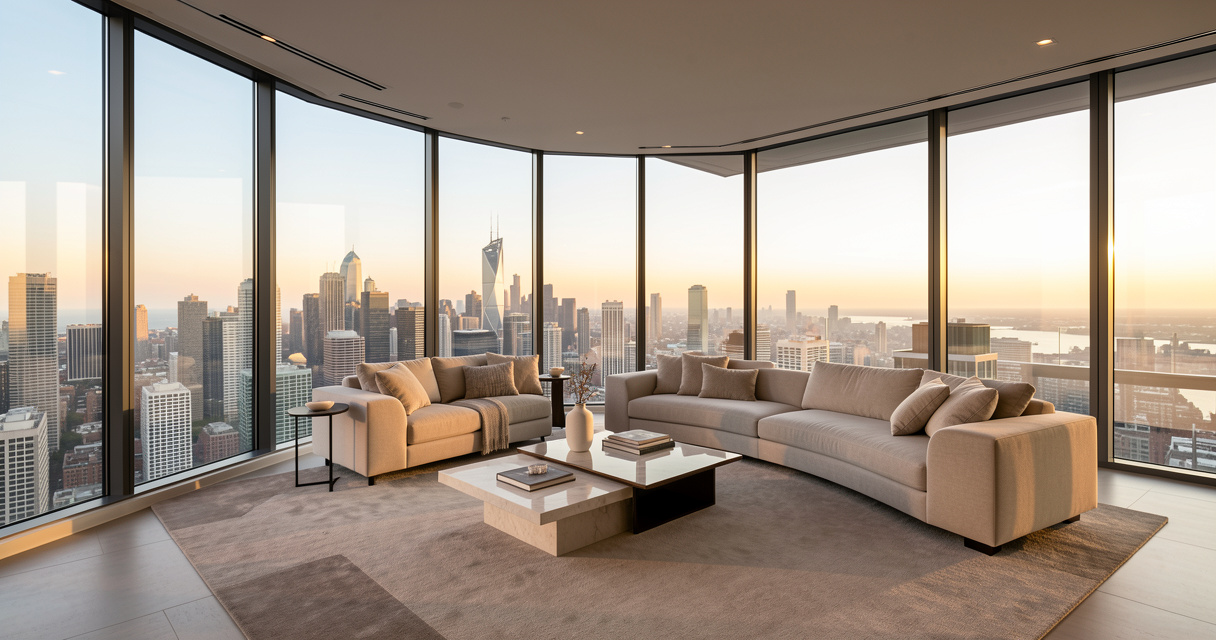 Luxury penthouse living room with panoramic city skyline view at sunset