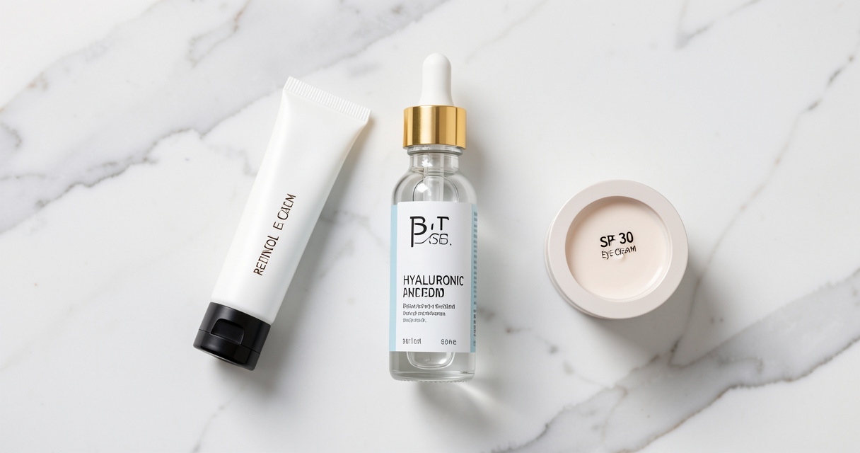 Flat lay of retinol and SPF eye creams for crow's feet treatment on white background