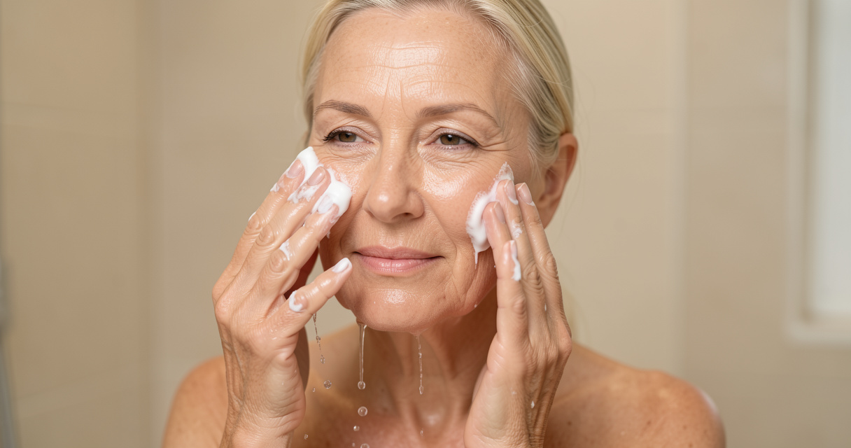 Best facial cleanser for aging skin in creamy texture on woman's hand