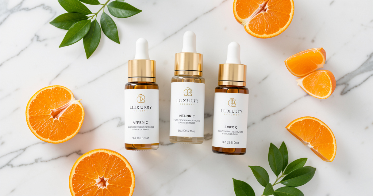 Dermatologist recommended vitamin C serum bottles with citrus and green leaves