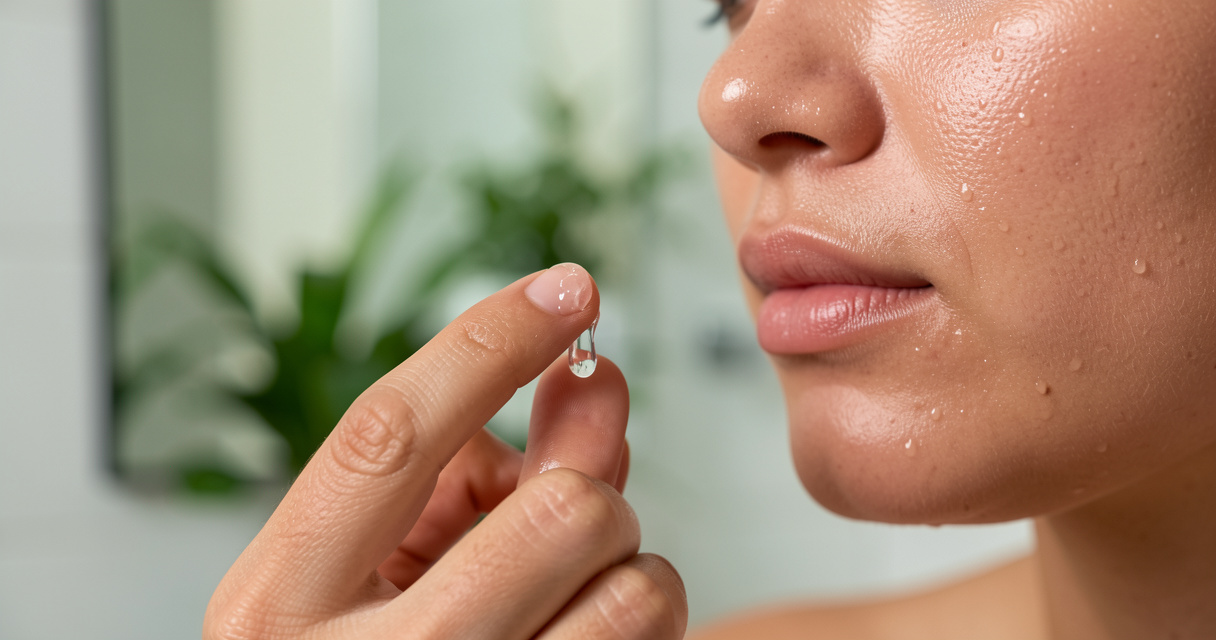 Applying vitamin C serum to fingertip for sensitive skin routine