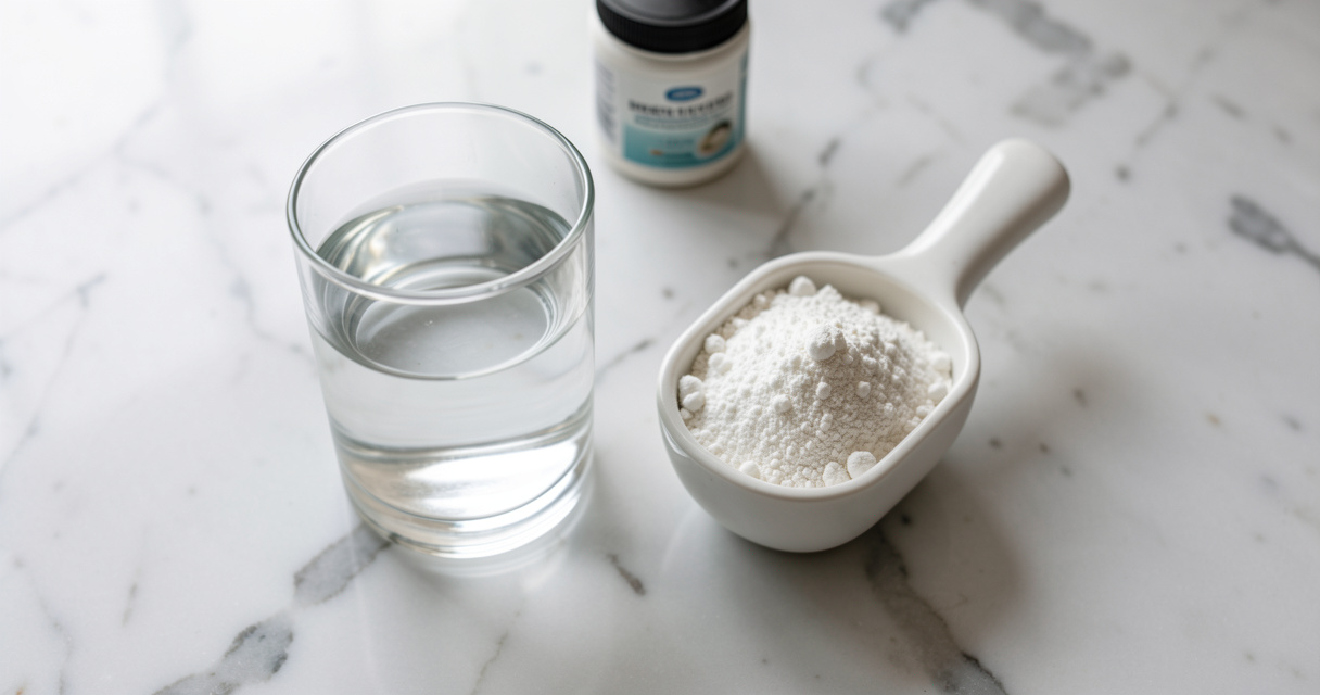 Collagen powder scoop and water glass showing safe daily collagen intake limits