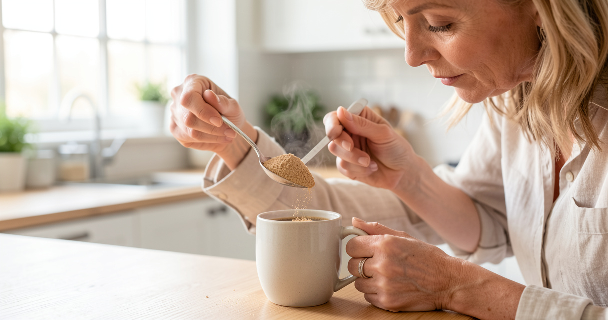 Woman adding collagen to coffee while tracking collagen side effects and dosage