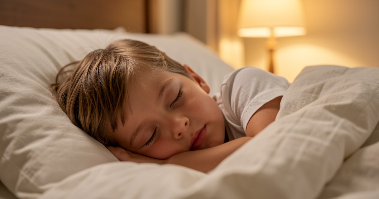 5-year-old child sleeping deeply in a cozy bed, healthy sleep needs and quiet bedtime