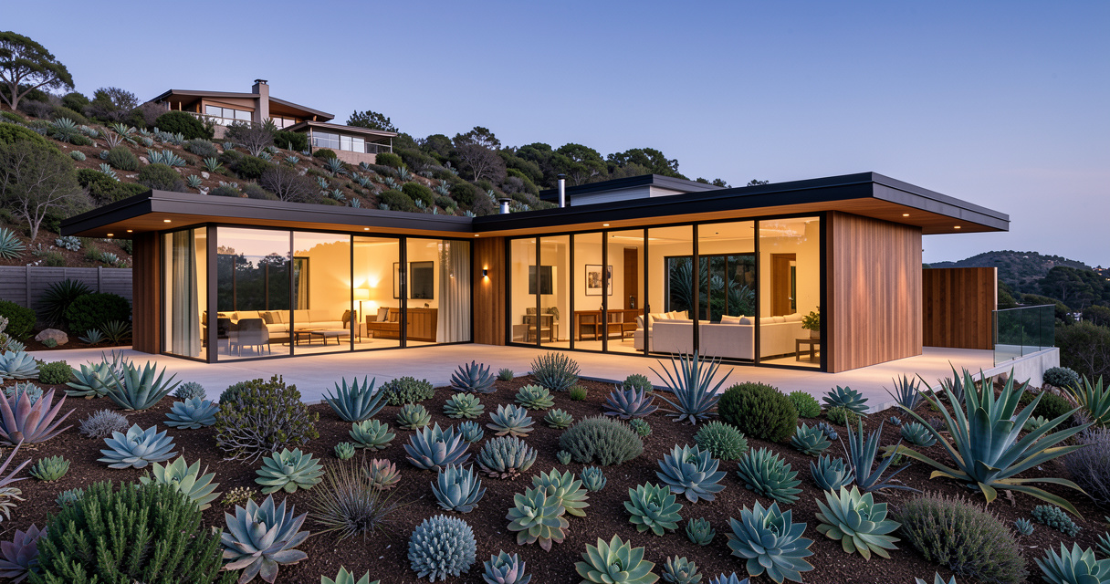 Modern houses for sale on a hillside with glass walls lit at dusk