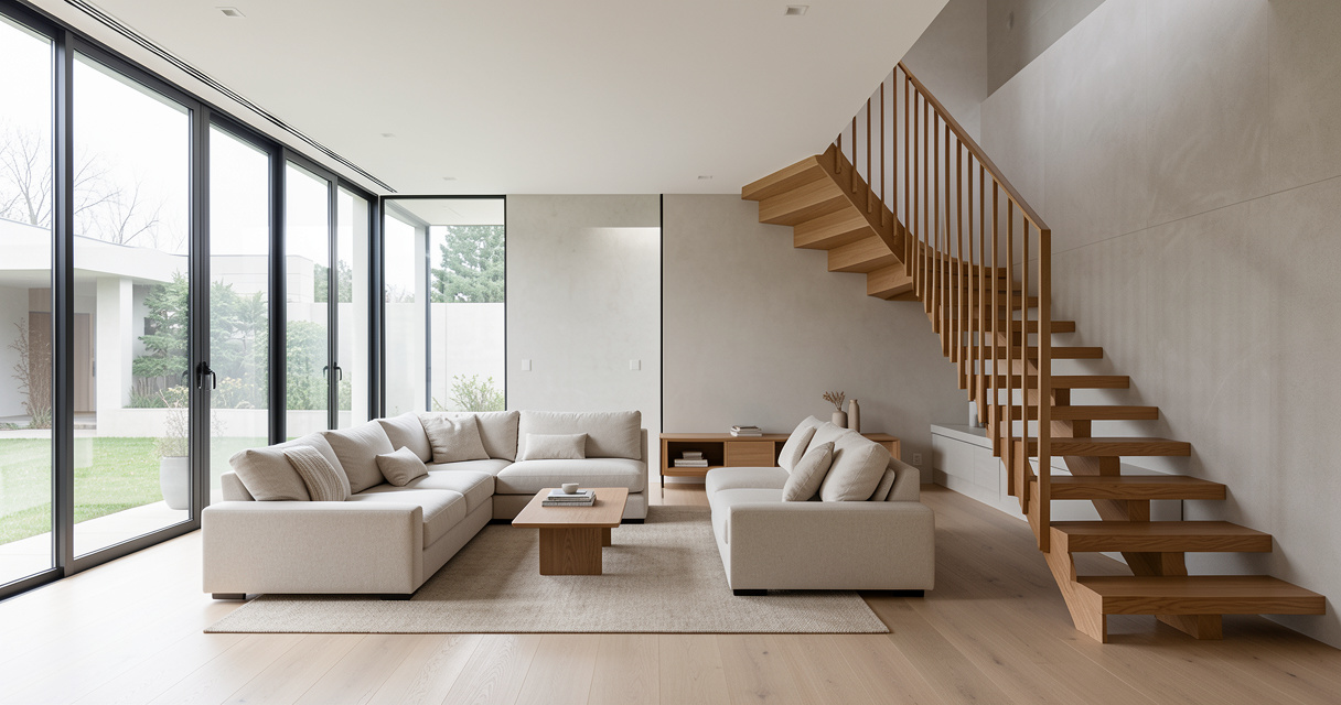 Bright modern home interior with floor-to-ceiling windows for sale