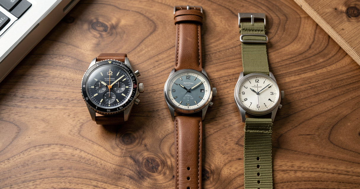 Best watch brands under 1000 flat lay with chronograph and field watch