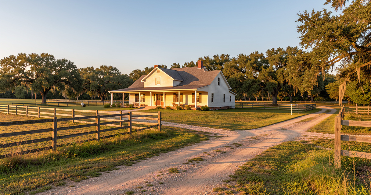 Farmhouse with acreage for sale near me, fenced pasture and trees at sunset