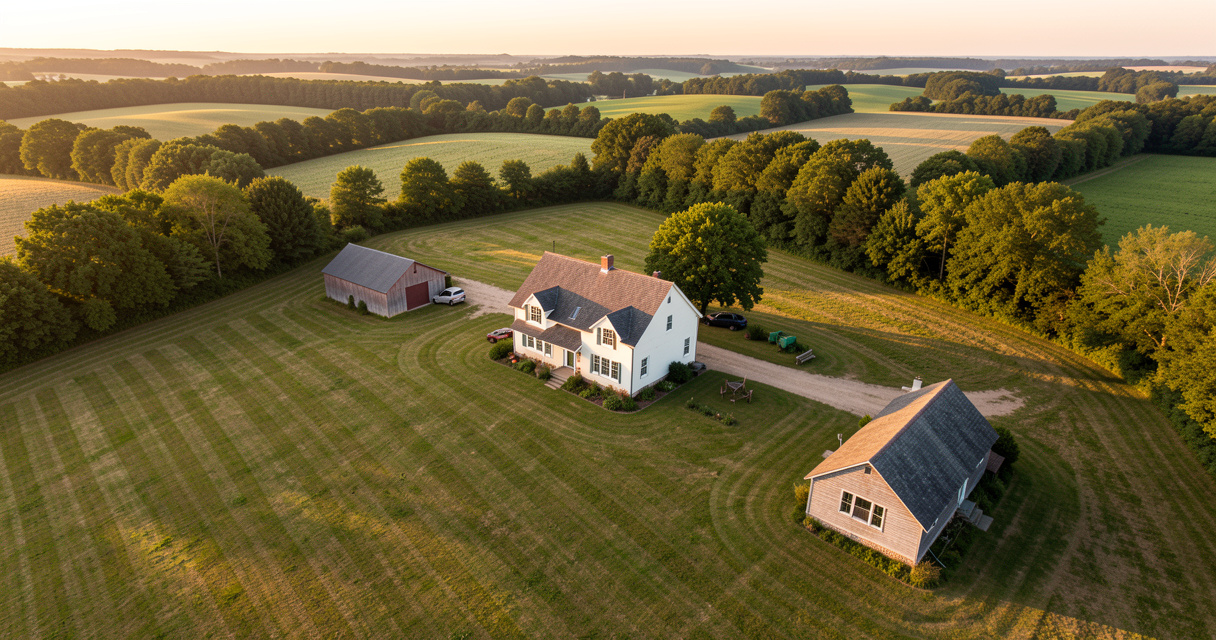 Wooded acreage homes for sale near me, aerial view of house and outbuildings on rural land