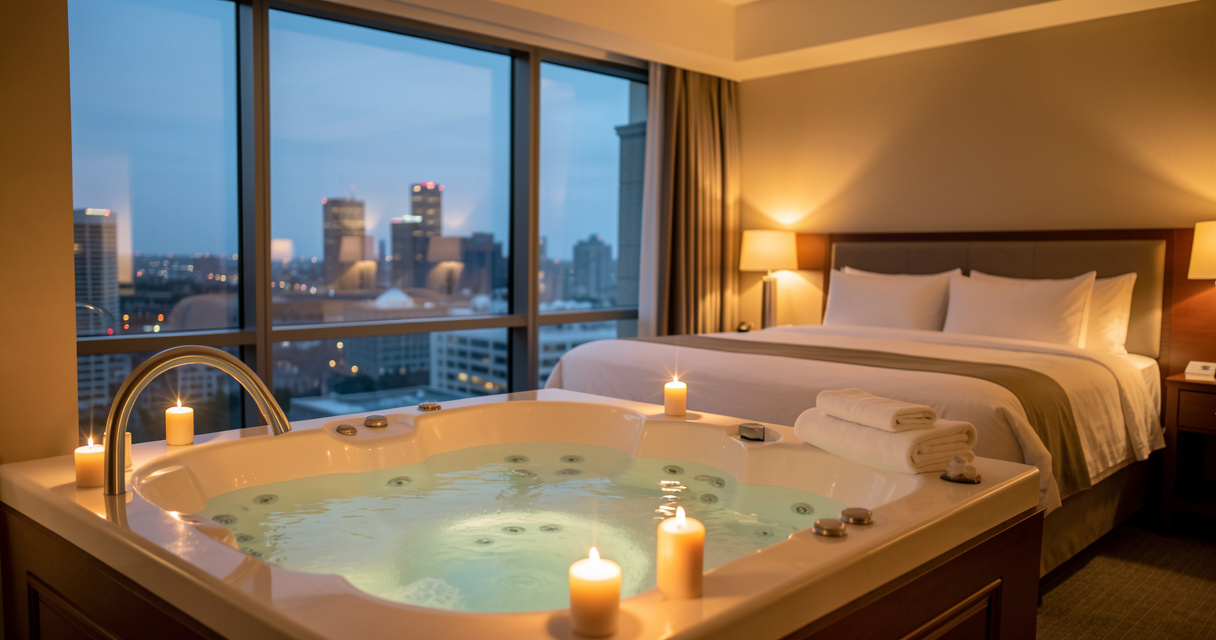 Couple relaxing in an in-room hot tub suite at a downtown hotel