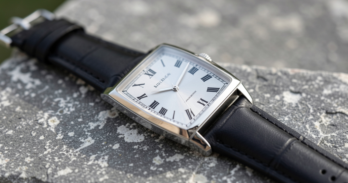 Slim rectangular men's dress watch with Roman numerals on leather