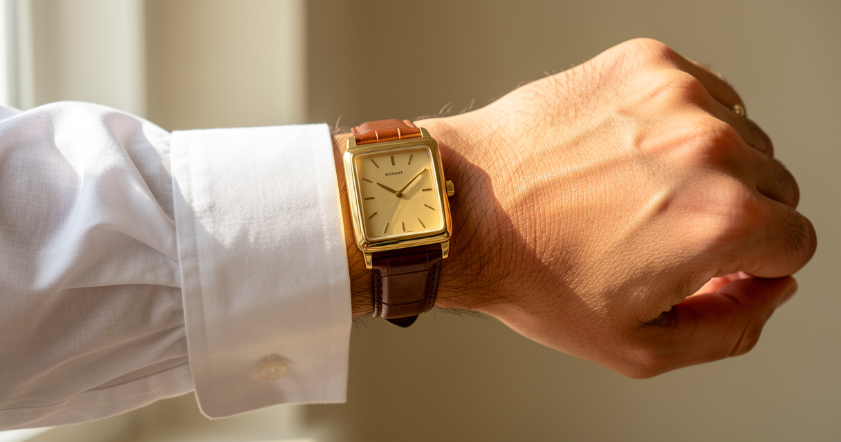 Gold rectangular men's tank watch on wrist with white shirt cuff