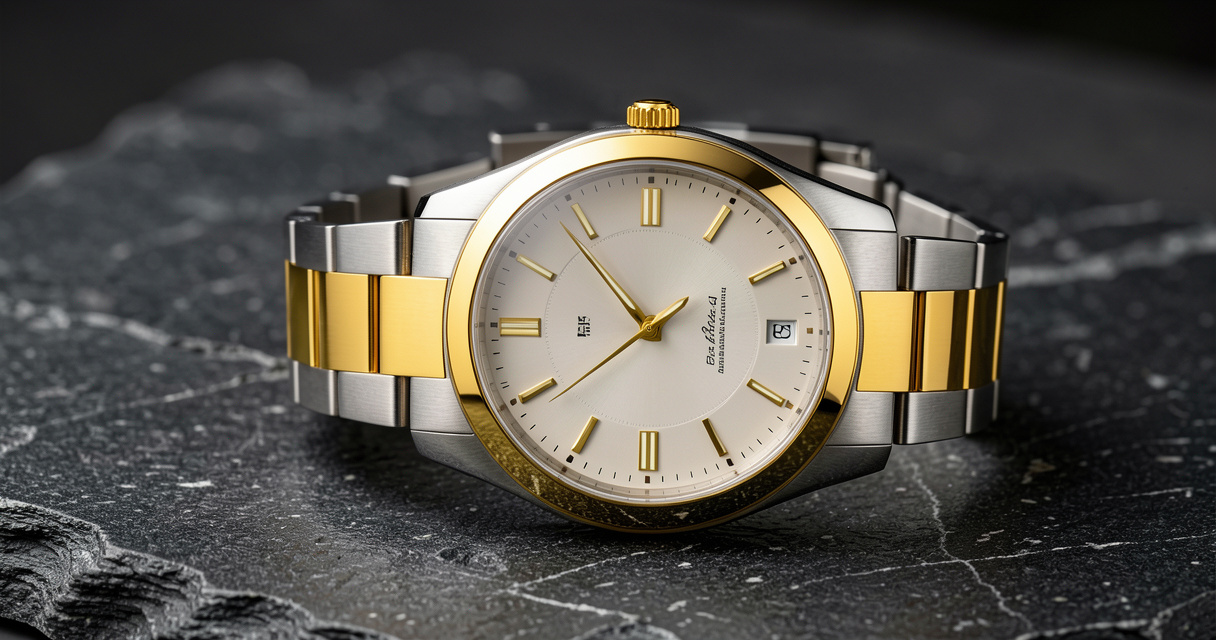 Two-tone watch with steel and gold bracelet on dark stone surface