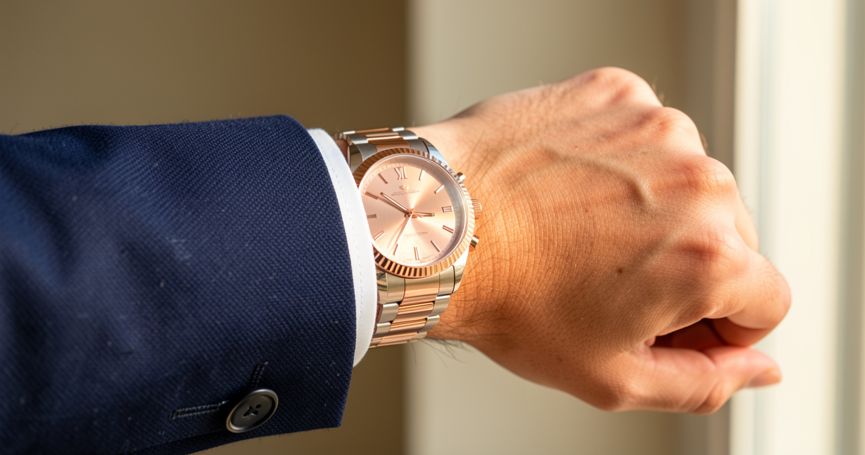 Two-tone watch worn on a wrist beside a navy suit cuff in daylight