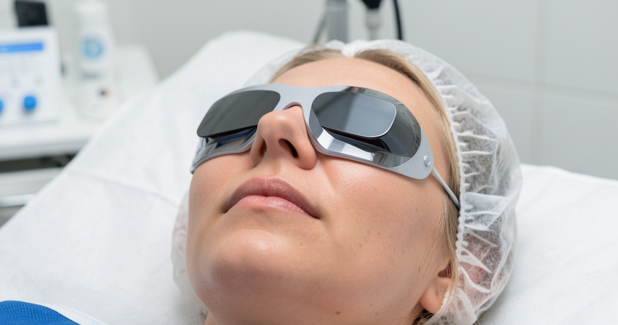 Under-eye laser treatment close-up on patient with protective eyewear